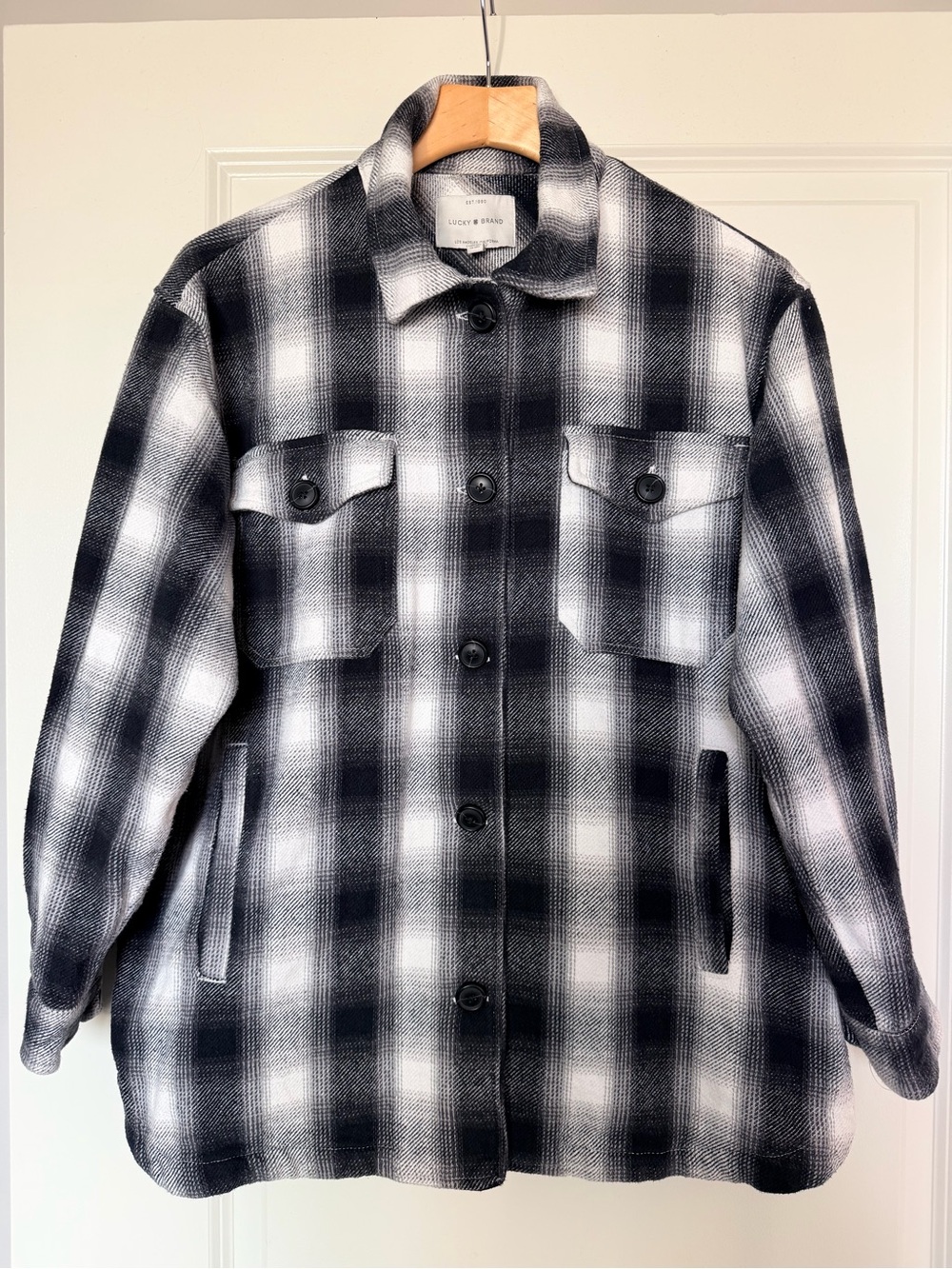 Lucky Brand Black & White Plaid Flannel Shirt Jacket Shacket Size S Like New